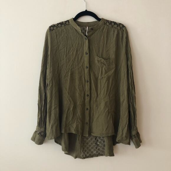 Free People The Best Crochet Back Olive Green Button Up Blouse - Picture 3 of 9